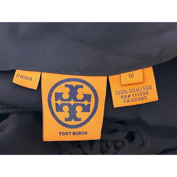Tory Burch 100% Silk Size 12 Cut Out Blouse Navy Long Sleeve Embellished Classic - Picture 5 of 9